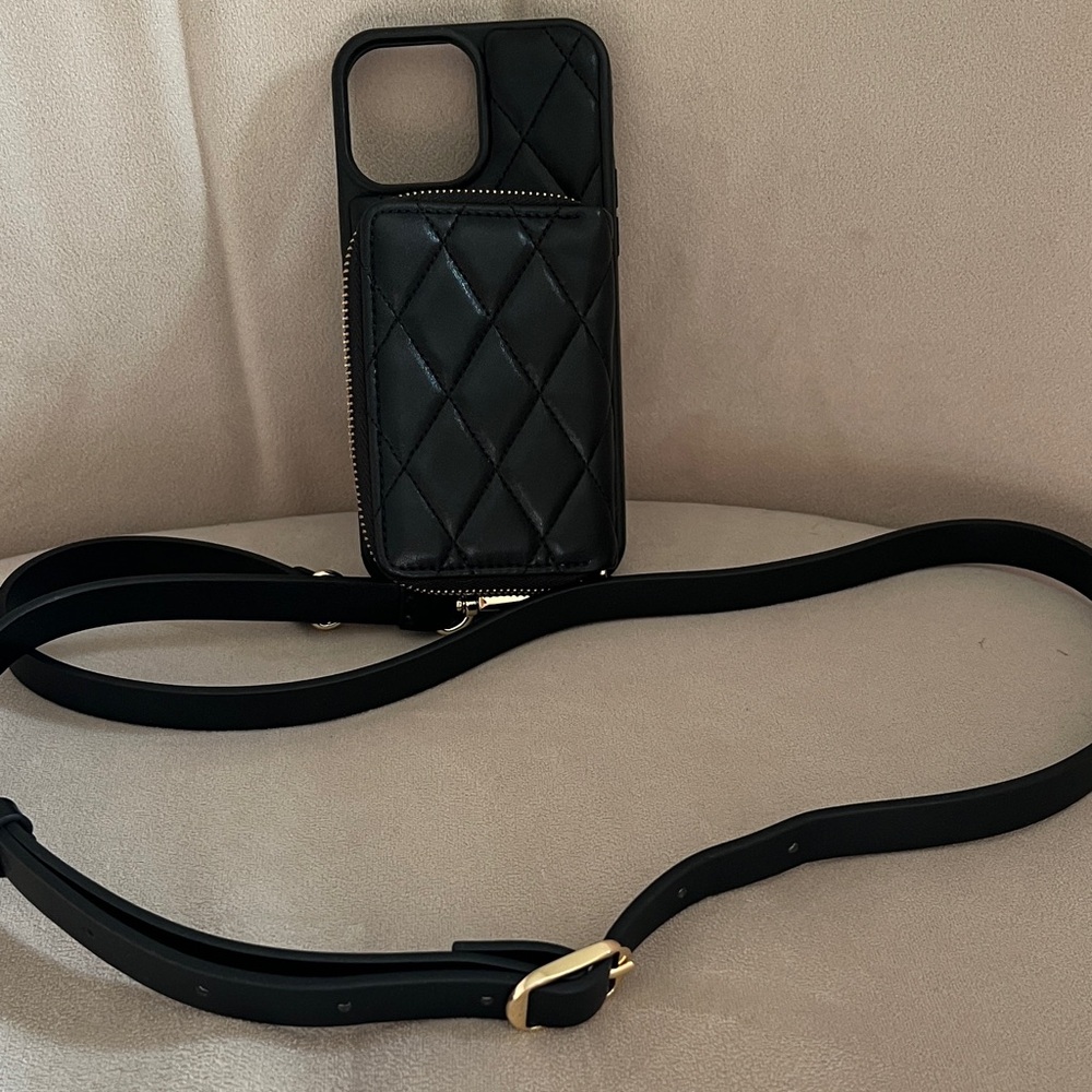 Black Quilted Leather Crossbody Phone Case with Zipper Pocket